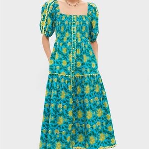 Elegant Blue and Yellow Floral Midi Dress